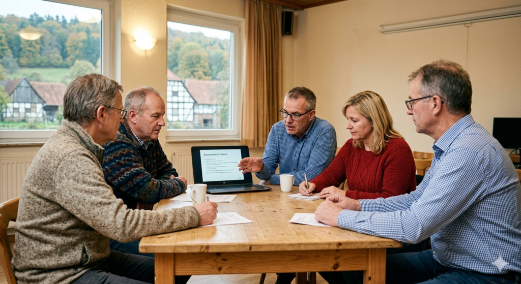 Vereinsmeeting am Tisch mit fünf Personen, die an einer Online-Schulung teilnehmen